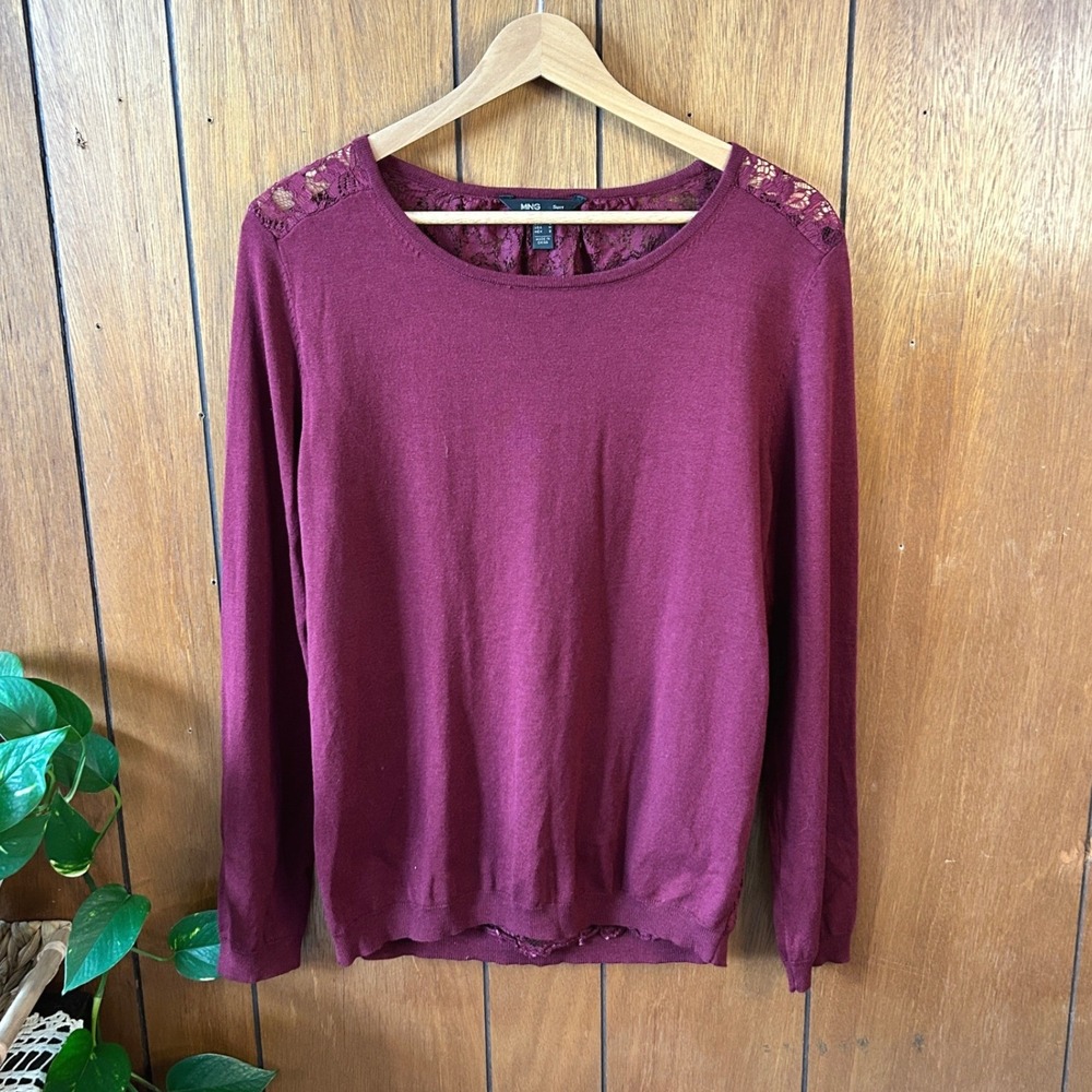Mango MNG Suit Burgundy Long Sleeve Sweater Floral Lace‎ Back Womens Medium